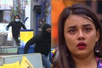 He came with his face hidden.  He ran away jokingly beating Arjun and Jasmine, Nora was shocked to see them