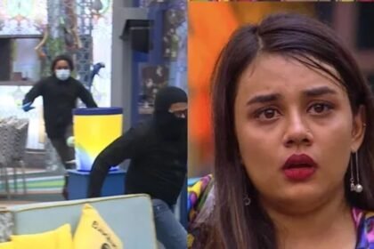 He came with his face hidden.  He ran away jokingly beating Arjun and Jasmine, Nora was shocked to see them