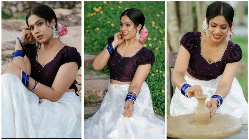 Athira Madhav looked beautiful in blue and white silk skirt, but the audience who saw the pictures noticed the change in the actress's body, and the audience wondered when this happened.